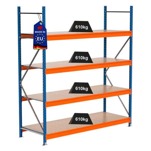 Metallregal mit vier Ebenen und einer Traglast von 610 Kilogramm pro Ebene. Hergestellt in der Europäischen Union.