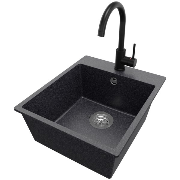 PRIMAGRAN Granitspüle Anthrazit 43x50cm, Spülbecken 1 Becken + Küchenarmatur 32x20cm + Ablauf-Set, Küchenspüle ab 45er Unterschrank - Riga