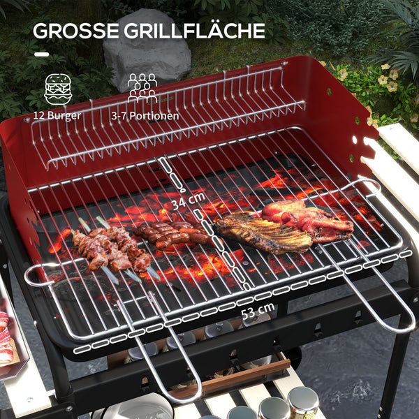 Outsunny Holzkohlegrill aus Metall BBQ Smoker mit Räder, höheverstellbar Grillrost, Holzablage, fahrbar Grillwagen Holzkohle Grill, Kohlegrill für Barbeque Camping, Terrasse, 103x47x95 cm