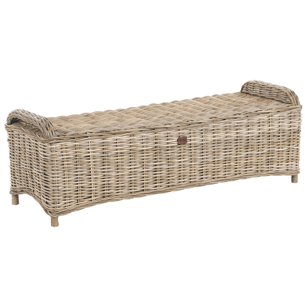 Geflochtene Truhenbank aus Rattan mit Armlehnen und Deckel.