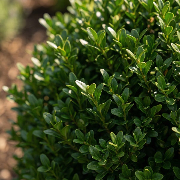 Nahaufnahme eines Buchsbaums mit dichten, kleinen, grünen Blättern.