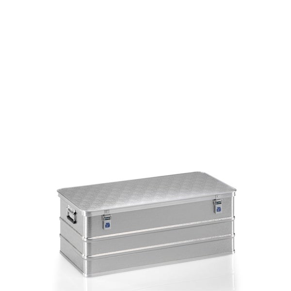 Rechteckige Aluminiumbox für Transport und Aufbewahrung mit Deckel und zwei Spannverschlüssen.