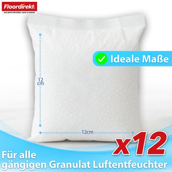 Floordirekt Logo. Zwölf Nachfüllbeutel für Granulat Luftentfeuchter mit den Maßen zwölf mal zwölf Zentimeter.