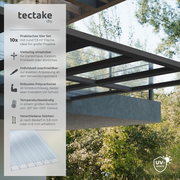 10er Set Doppelstegplatten tectake Shiny 121 x 60,5 x 0,4 cm je Platte 7,32 m² Gesamtfläche, individuell zuschneidbar transparent