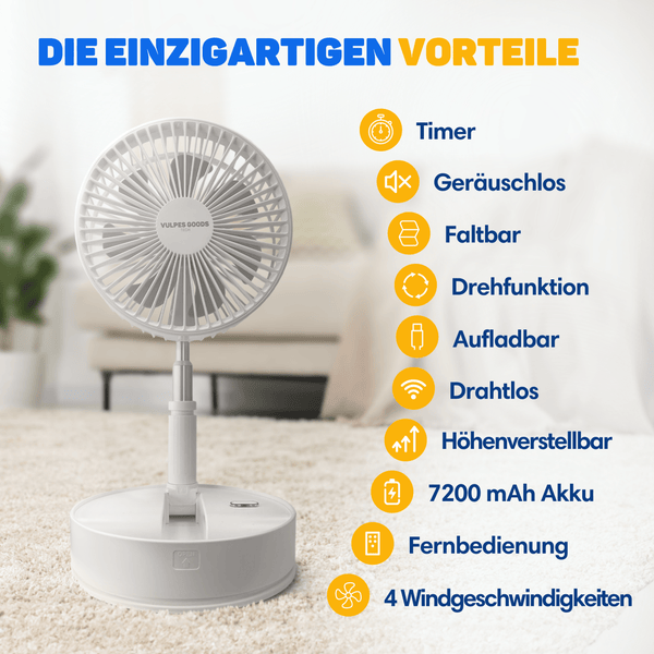 Vulpes Goods Faltbarer Tischventilator - Stativventilator - Bodenventilator - Mit Fernbedienung - Verstellbar - 12dB