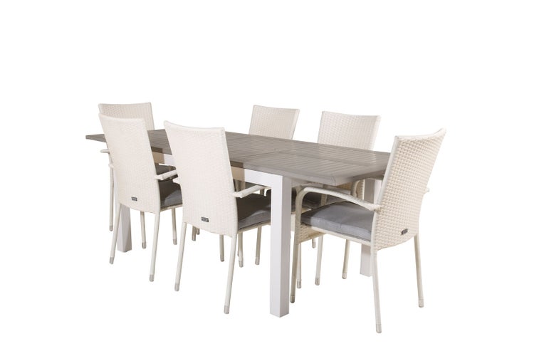 Albany Gartenset Tisch 90x160/240cm und 6 Stühle Anna weiß, grau. 90 X 160 X 75 cm