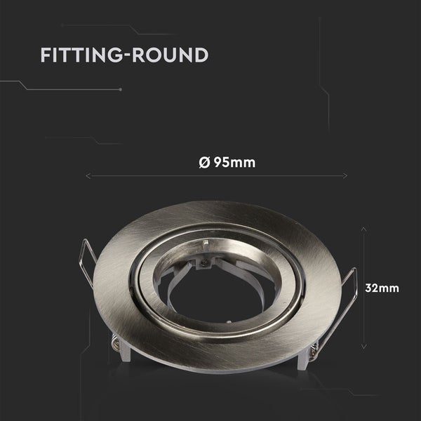 Runde Einbaufassung für Strahler aus gebürstetem Metall, Durchmesser 95 Millimeter, Höhe 32 Millimeter.
