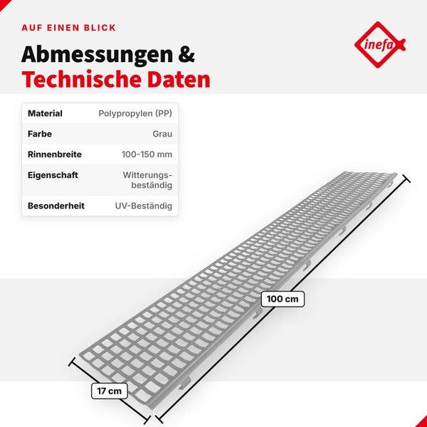 Infografik zeigt Abmessungen und technische Daten für Inefa Rinnenabdeckung aus Polypropylen mit 100 cm Länge und 17 cm Breite