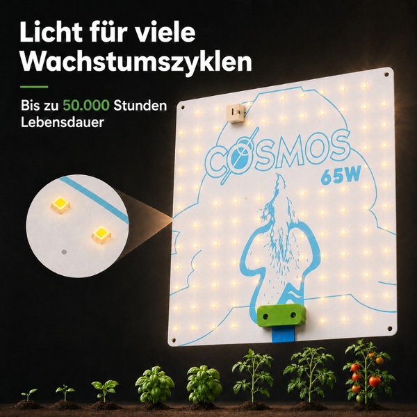 LED Pflanzenlampe Cosmos 65 Watt mit 50.000 Stunden Lebensdauer zur Pflanzenaufzucht über wachsenden Pflanzen.