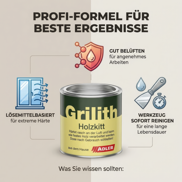 Adler Grilith Holzkitt Infografik: lösemittelbasierte Formel, Belüftung beim Arbeiten und sofortige Werkzeugreinigung. Adler Logo.