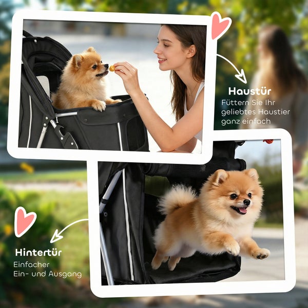 Schwarzer Hundebuggy mit Vorder- und Hintereingang, Frau füttert kleinen Hund, Hund springt aus der rückseitigen Öffnung.