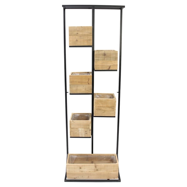 Vertikales Pflanzregal aus schwarzem Metall mit fünf kleinen und einem großen Pflanzkasten aus Holz.