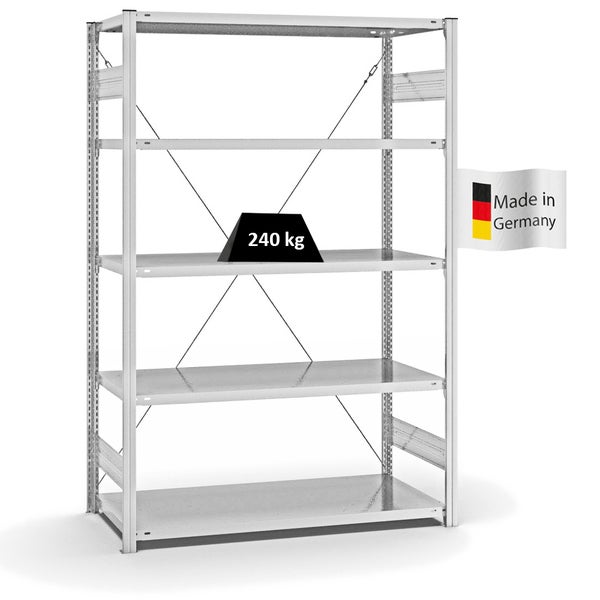 PROREGAL Fachbodenregal Stecksystem T-Profil Medium-Duty Grundregal HxBxT 200 x 130 x 60 cm 5 Ebenen Fachlast 240 kg Einseitig Nutzbar Lichtgrau