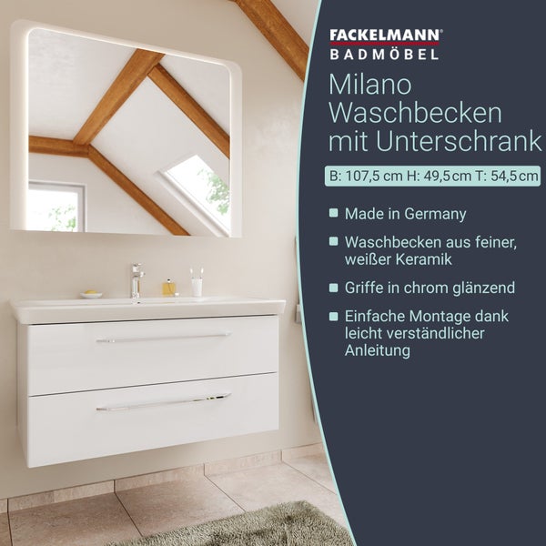 FACKELMANN MILANO Badmöbel Set 2 Teile – Waschtisch mit Unterschrank fürs Badezimmer – Waschbeckenunterschrank mit Schubladen in Weiß – Badschrank hängend – 100 cm breit