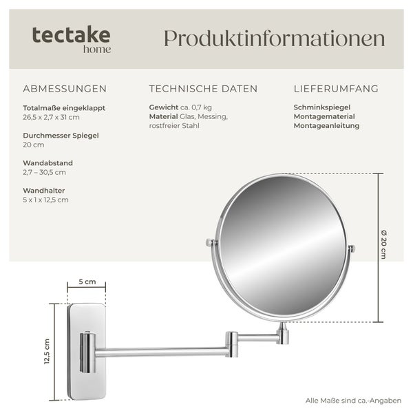Runder Wandkosmetikspiegel mit schwenkbarem Gelenkarm aus Metall inklusive Montagematerial
