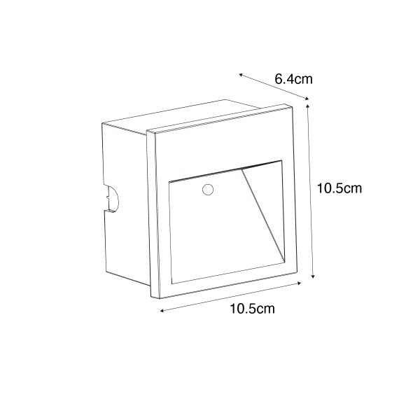 Maßskizze einer quadratischen Außen-Wandeinbauleuchte: Höhe 10,5 Zentimeter, Breite 10,5 Zentimeter, Tiefe 6,4 Zentimeter.