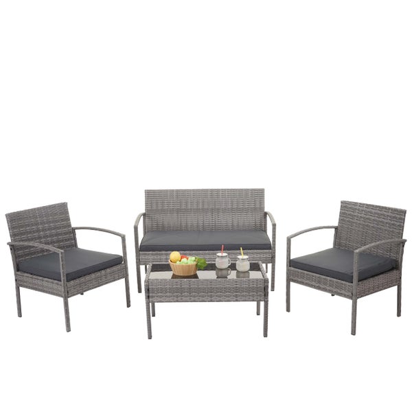 4-teiliges Garten-Lounge-Set aus grauem Polyrattan-Geflecht bestehend aus einem Sofa, zwei Sesseln mit Sitzkissen und einem Tisch mit Glasplatte.