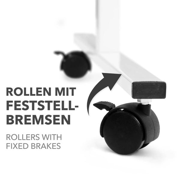 Rollen mit Feststellbremsen an einem Metallständer.