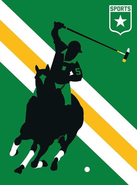 Vliestapete mit Polo-Sport-Motiv, Reiter auf einem Pferd mit Schläger, diagonalen Streifen und Sports Logo.