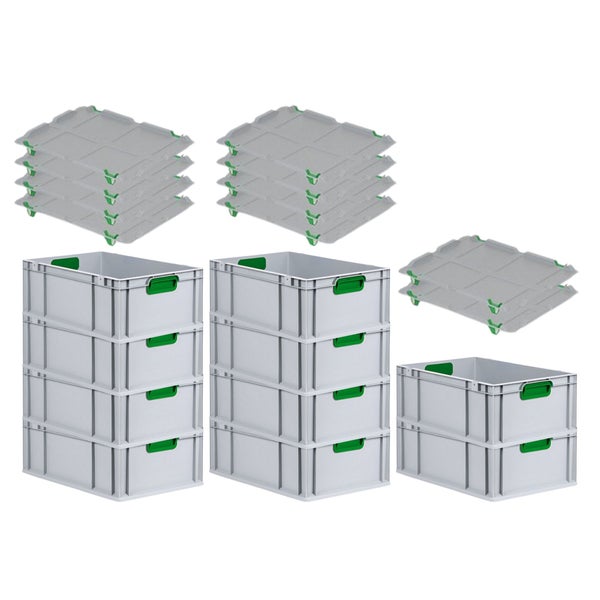 PROREGAL Spar Set 10x Eurobox Nextgen Color Mit Auflagedeckel & Schiebeschnappverschlüsse HxBxT 22 x 40 x 60 cm Griffe Grün Verstärkter Boden