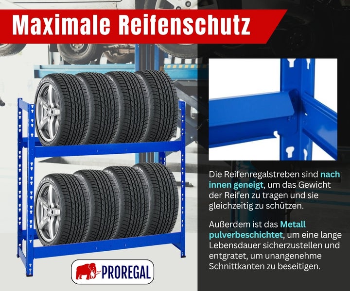 Reifenregal aus Metall mit zwei Ebenen für acht Reifen. Detailansicht der nach innen geneigten Streben für optimalen Reifenschutz. Proregal Logo.