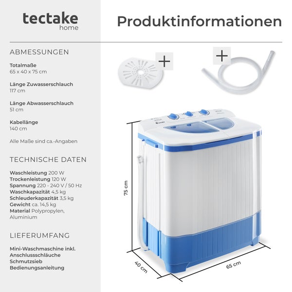 Mini-Waschmaschine tectake  65 x 40 x 75 cm mit Schleuder, 2 Kammern weiß