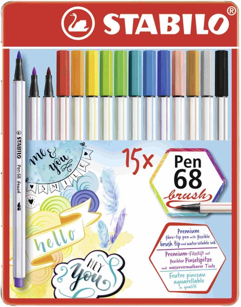 STABILO Pinselmaler Premium-Filzstift mit Pinselspitze Pen 68 brush, 15er Metalletui