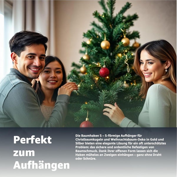 Eine Familie schmückt einen Weihnachtsbaum mit goldenen und roten Kugeln