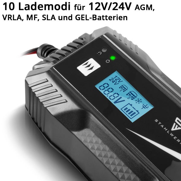 Batterieladegerät für 12 Volt und 24 Volt AGM, VRLA, MF, SLA und GEL Batterien