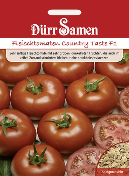 Samentüte Dürr Samen Fleischtomaten Country Taste F1 mit Abbildung reifer Fleischtomaten und einer Detailansicht der Samen.