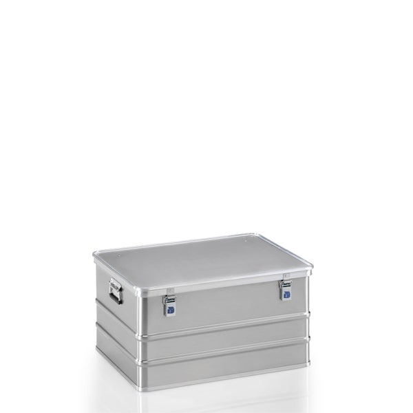Aluminiumbox mit Deckel und zwei Hebelspannverschlüssen für Transport und Lagerung.
