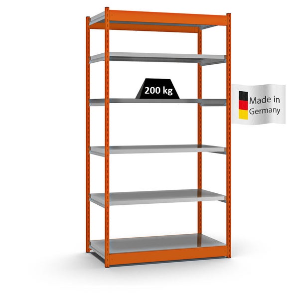 PROREGAL Fachbodenregal Stecksystem Vierkant-Profil Grundregal HxBxT 250 x 132,5 x 60 cm 6 Ebenen Einseitige Bauart Fachlast 200 kg Orange