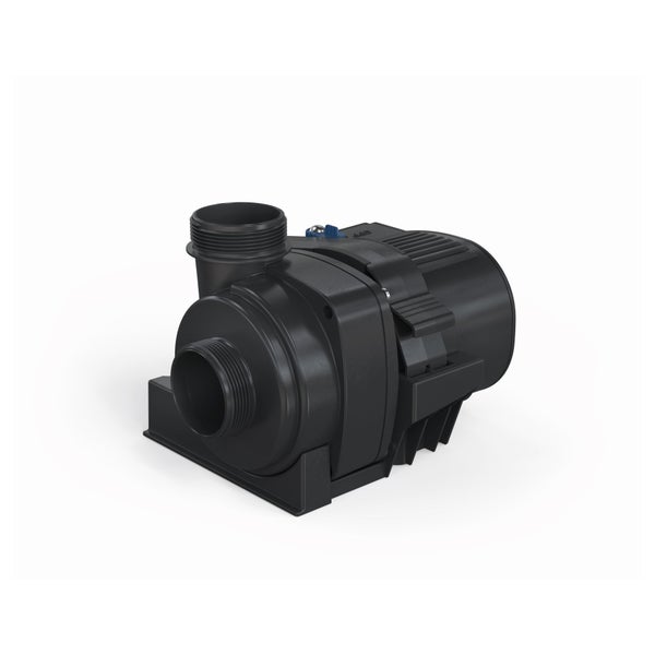 Schwarze Poolpumpe aus Kunststoff mit zwei Gewindeanschlüssen und einer stabilen Bodenplatte.
