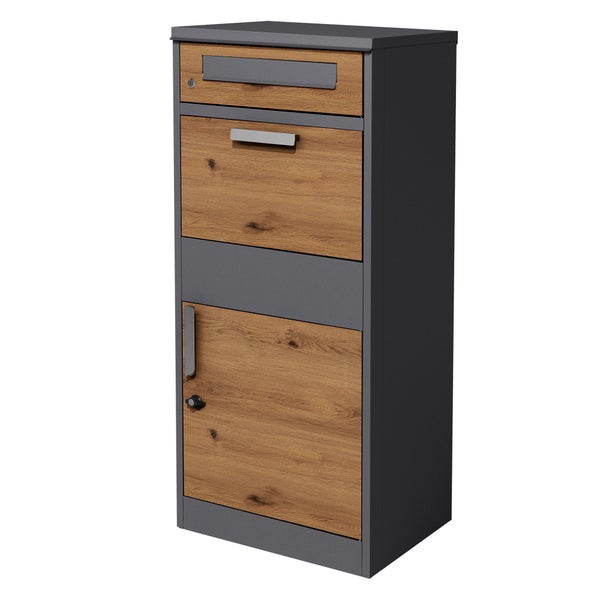 ML-Design Paketbriefkasten aus verzinktem Stahl in Anthrazit-Eiche Optik, 50x112x37 cm, abschließbar, 2 Schlüssel, Standbriefkasten Paketbox Postkasten Paketkasten, für Pakete, Warensendungen, Briefe