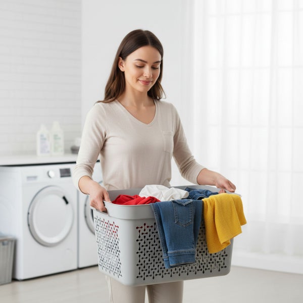 Frau trägt Wäschekorb in der Waschküche