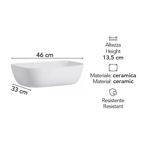 Weißes Aufsatzwaschbecken aus Keramik, Breite 46 Zentimeter, Tiefe 33 Zentimeter, Höhe 13,5 Zentimeter, widerstandsfähig.