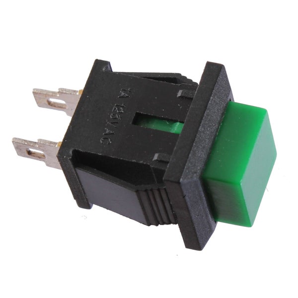 Druckschalter mit quadratischem grünem Knopf, schwarzem Kunststoffgehäuse und zwei Flachsteckanschlüssen, 1 Ampere 125 Volt Wechselstrom.