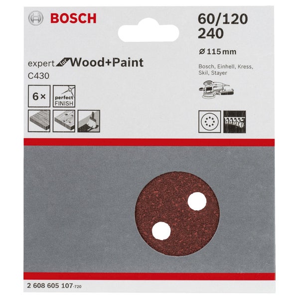 Bosch Expert Schleifpapier für Holz und Farbe, Körnung 60/120/240, Durchmesser 115 mm