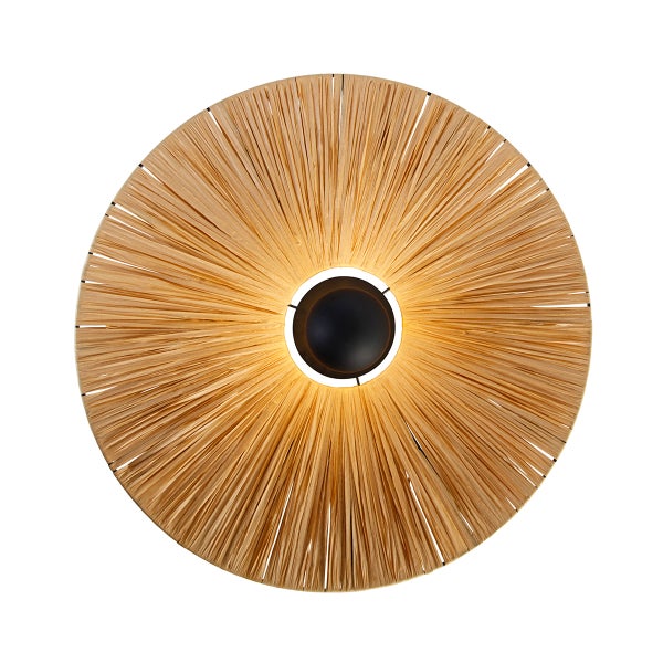 Runde Wandleuchte oder Deckenleuchte aus Naturfasern mit schwarzem Mittelpunkt.