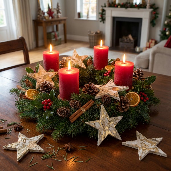 Weihnachtsadventskranz auf einem Holztisch mit vier brennenden Stumpenkerzen, Tannenzweigen, Kiefernzapfen, getrockneten Orangen und Sternen.