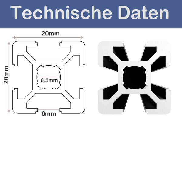 Technische Daten eines Aluminiumprofils mit Maßen