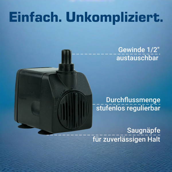 Kleine schwarze Wasserpumpe mit austauschbarem Gewinde ein halb Zoll, stufenlos regulierbarer Durchflussmenge und Saugnäpfen.