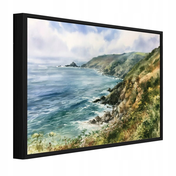 Wandbild mit Küstenlandschaft im schwarzen Rahmen als perspektivische Ansicht