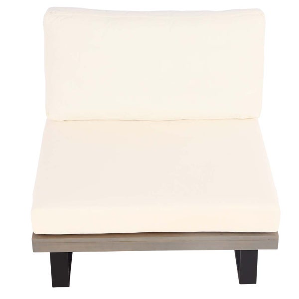 Lounge-Sessel-Mittelelement mit cremefarbenen Kissen und grauem Holzrahmen.