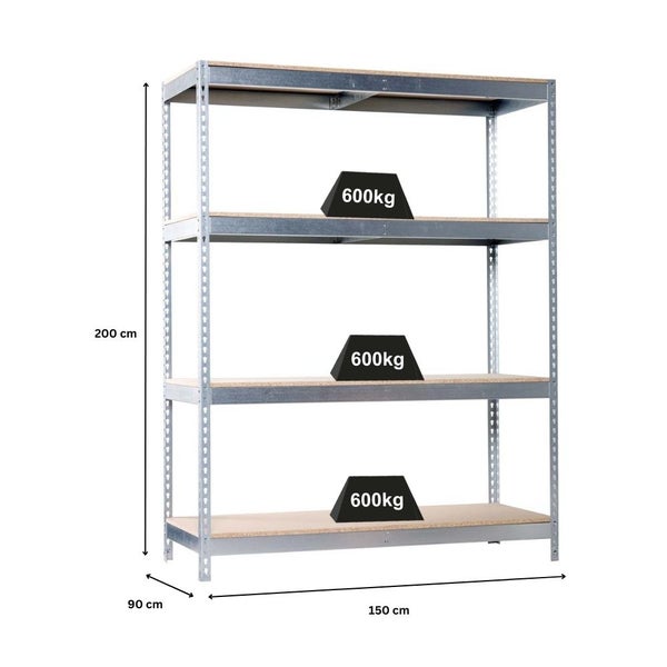 PROREGAL Schwerlastregal Wood Beast Four HxBxT 200 x 150 x 90 cm 4 Ebenen Fachlast 600 kg Verzinkt