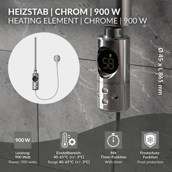 Heizstab aus Chrom, 900 Watt, Digitaldisplay, Timer, Frostschutz, einstellbar von 40 bis 65 Grad Celsius.