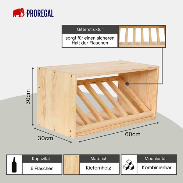 PROREGAL Logo. Weinregal aus Kiefernholz für sechs Flaschen. Gitterstruktur. Maße 60 mal 30 mal 30 Zentimeter. Kombinierbar.