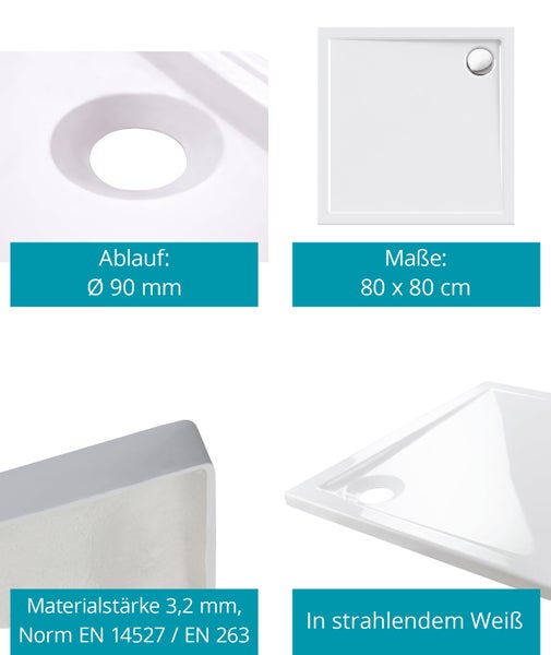 Calmwaters® Quadrat-Duschwanne Modern Select, eckige bodengleiche Brausewanne aus Acryl, 80 x 80 x 2,5 cm mit Ablaufloch in 90 mm, Duschtasse in Weiß, 01SL2983