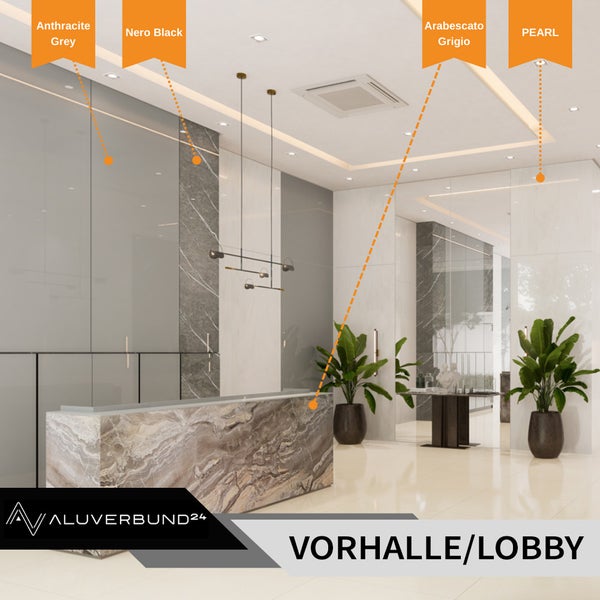 Elegante Vorhalle mit Empfangsbereich, gestaltet mit verschiedenen Aluminiumverbundplatten