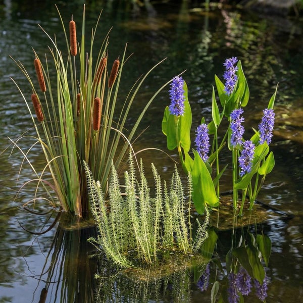 Verschiedene Teichpflanzen wie Rohrkolben, blaues Hechtkraut und Tannenwedel in einem Gartenteich mit Wasserspiegelung.